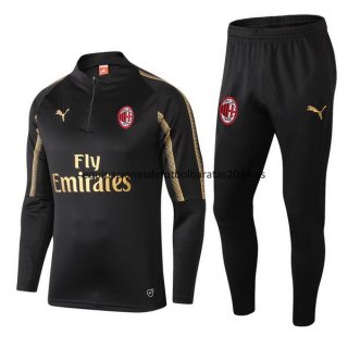 Nuevo Camisetas Chaqueta Conjunto Completo AC Milan Ninos Negro Oro Liga 18/19 Baratas